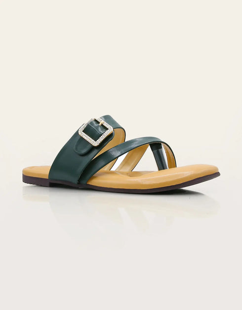 Stravia buckle flats in deep green with tan base – Essence by Rubina